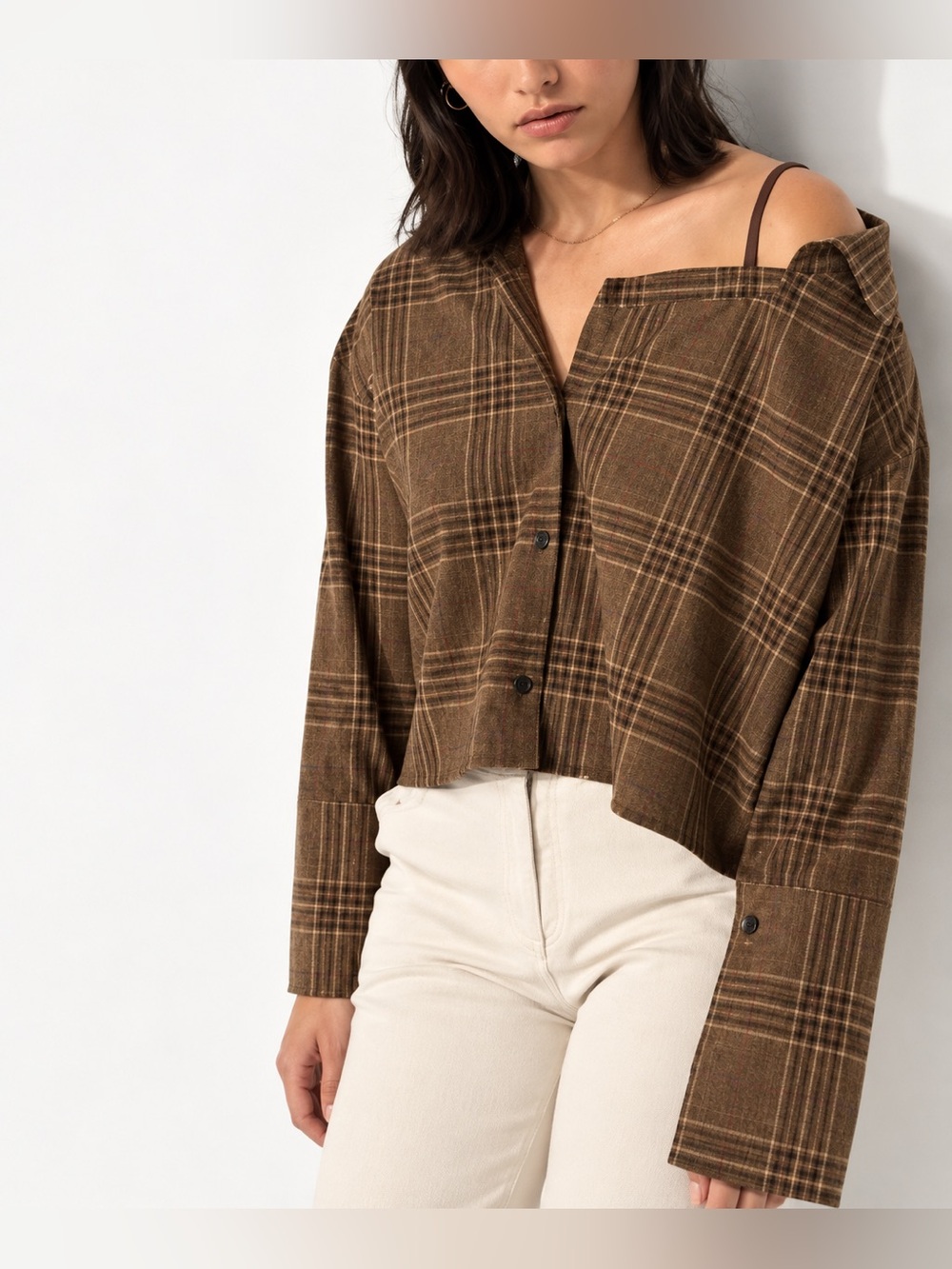 Oak + Fort Plaid Button-Front Brown Cropped Shirt - Women Tops